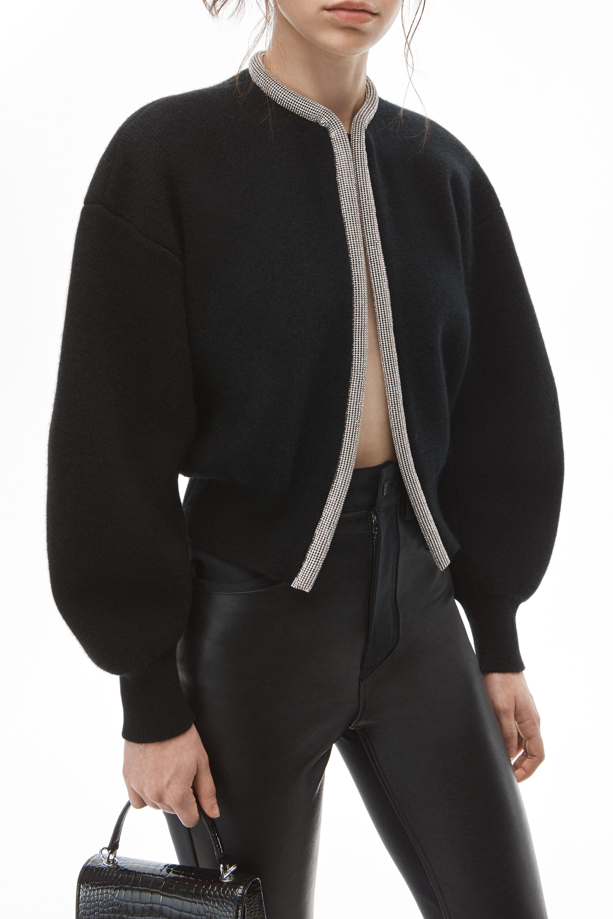 alexanderwang CROP CRYSTAL PLACKET CARDIGAN IN WOOL BLACK