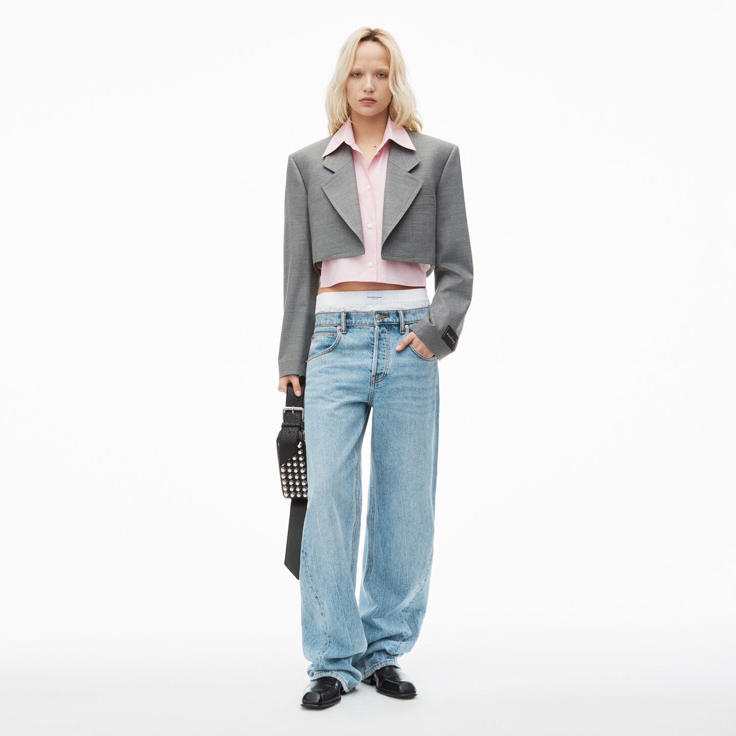 Shop Alexander Wang Pre-styled Cropped Blazer With Dickie In Light Heather Grey