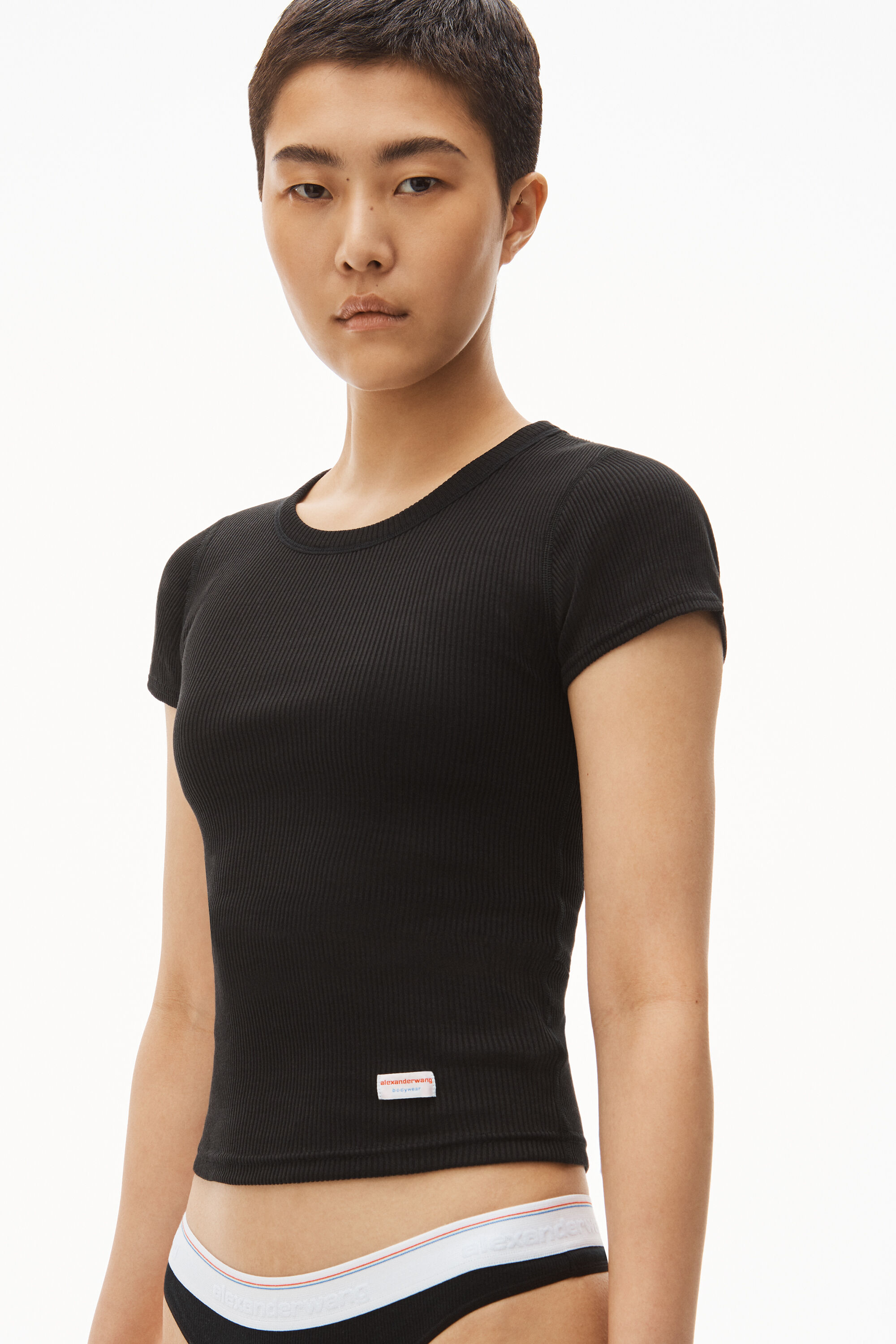 alexanderwang Short-Sleeve Tee in Ribbed Cotton Jersey BLACK