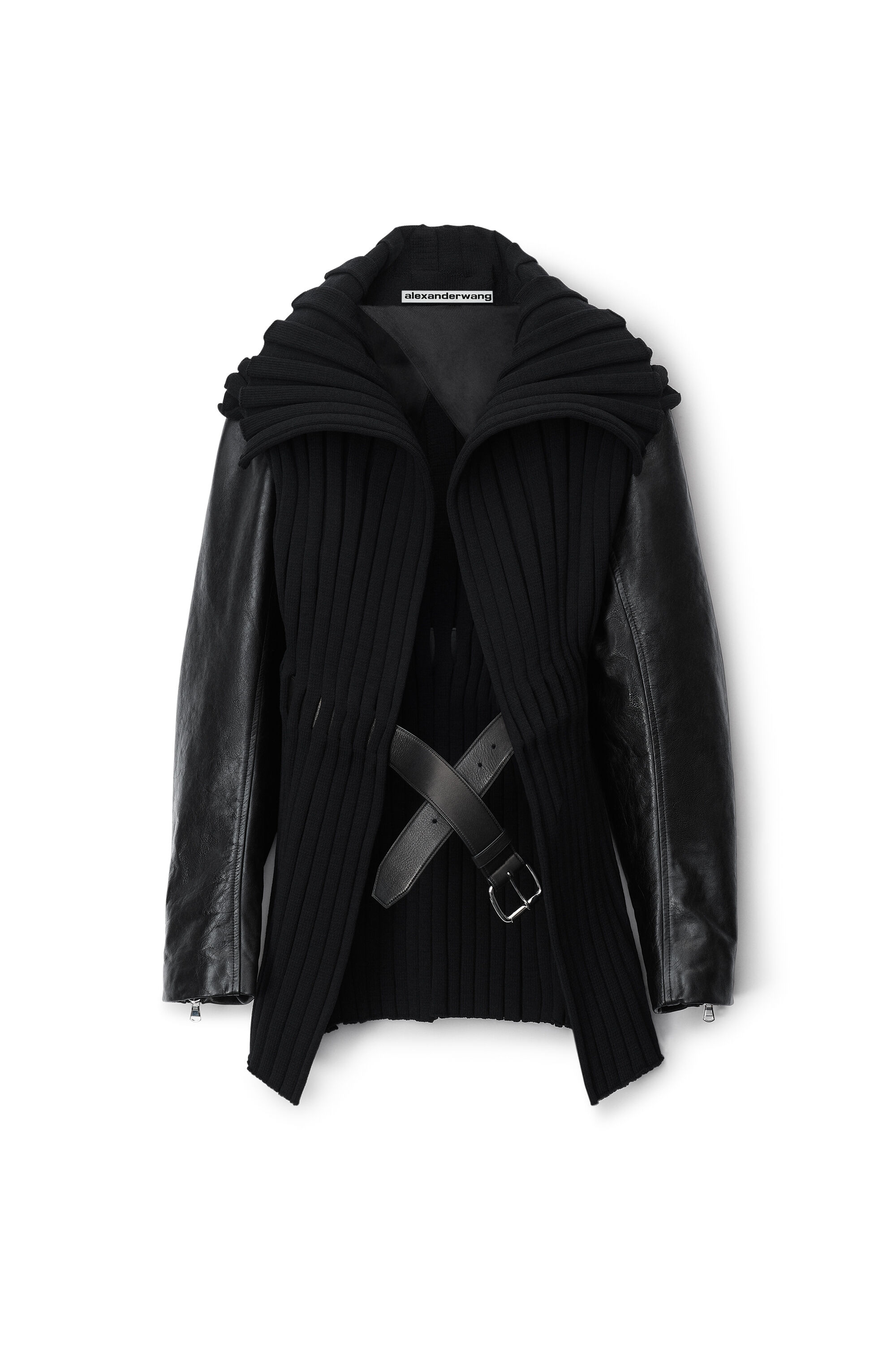 belted knit coat with moto sleeve and embossed logo in BLACK 