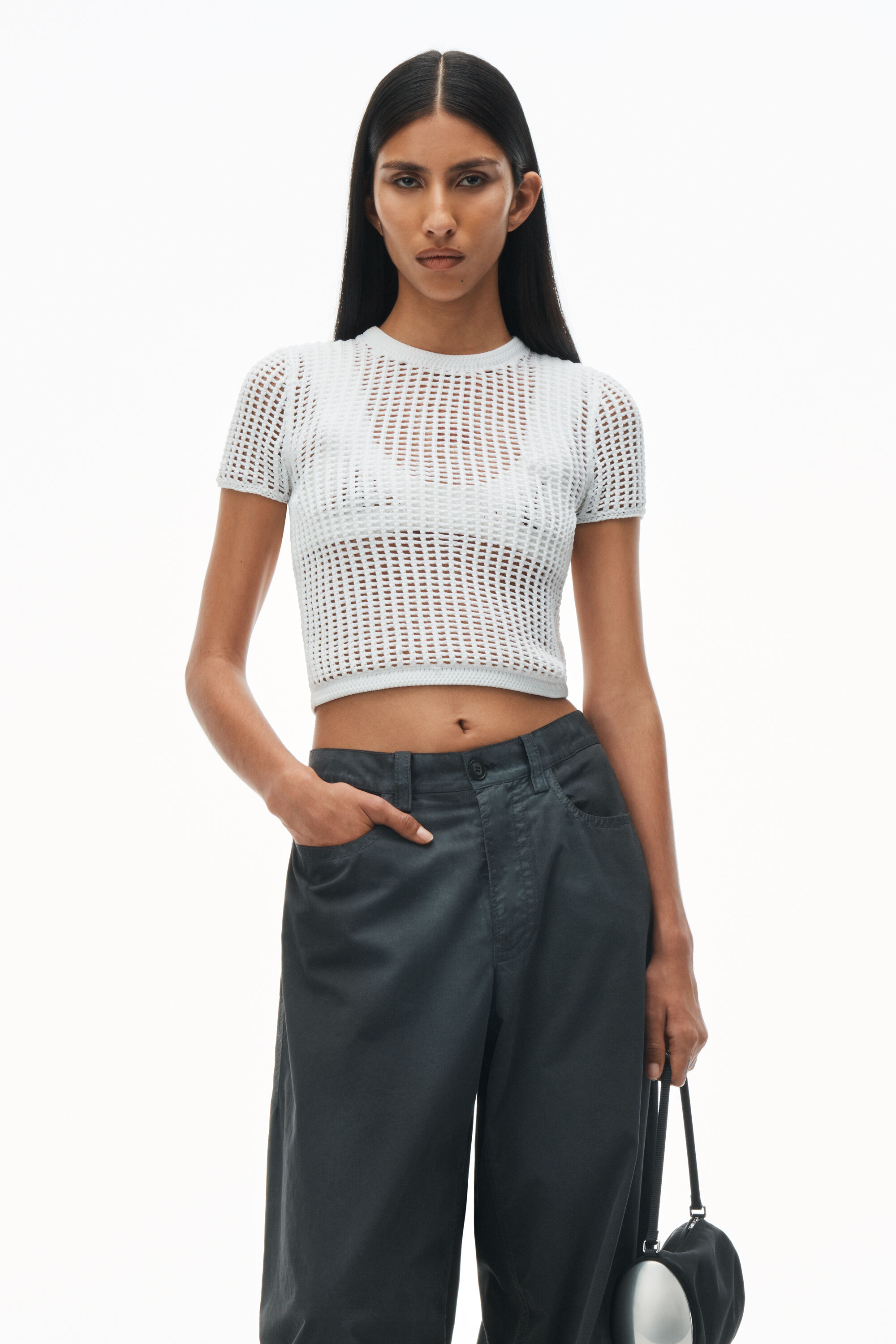 Crochet Cropped Crewneck Tee with Logo in WHITE 