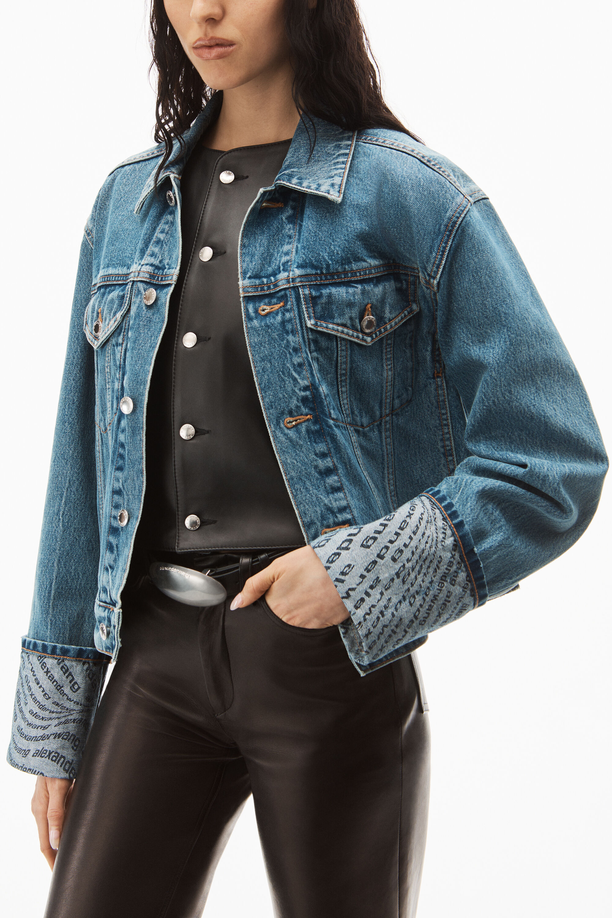 alexanderwang WAVE CUFF TRUCKER JACKET IN DENIM VINTAGE MEDIUM