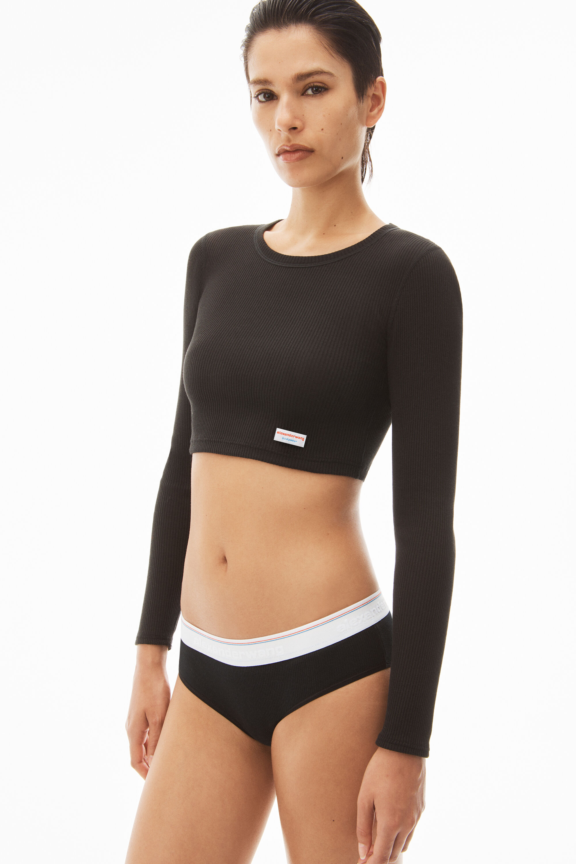 alexanderwang CROPPED LONG SLEEVE TEE IN RIBBED