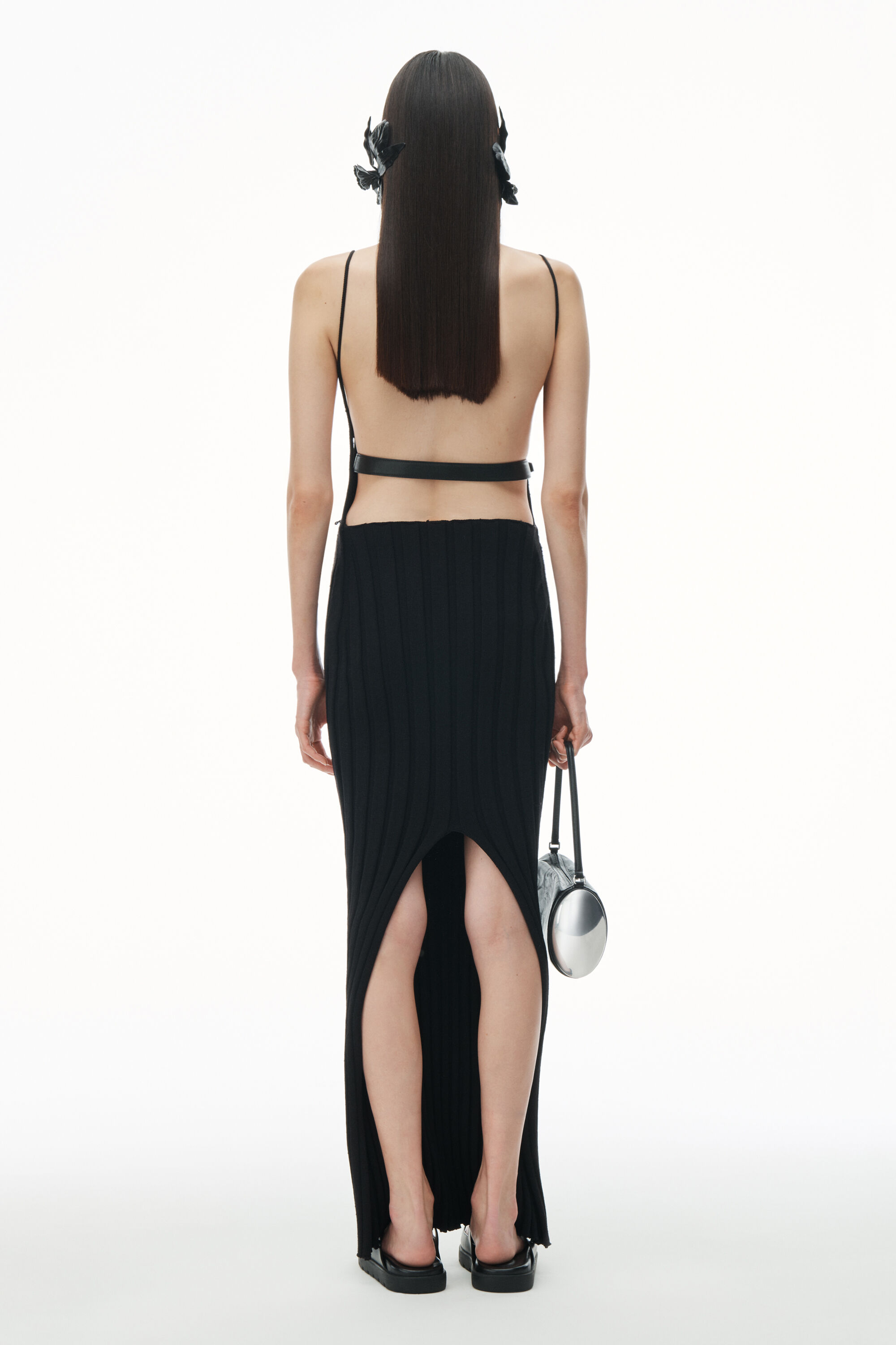 RIBBED TANK DRESS WITH LEATHER BELT in BLACK | camisole neckline 