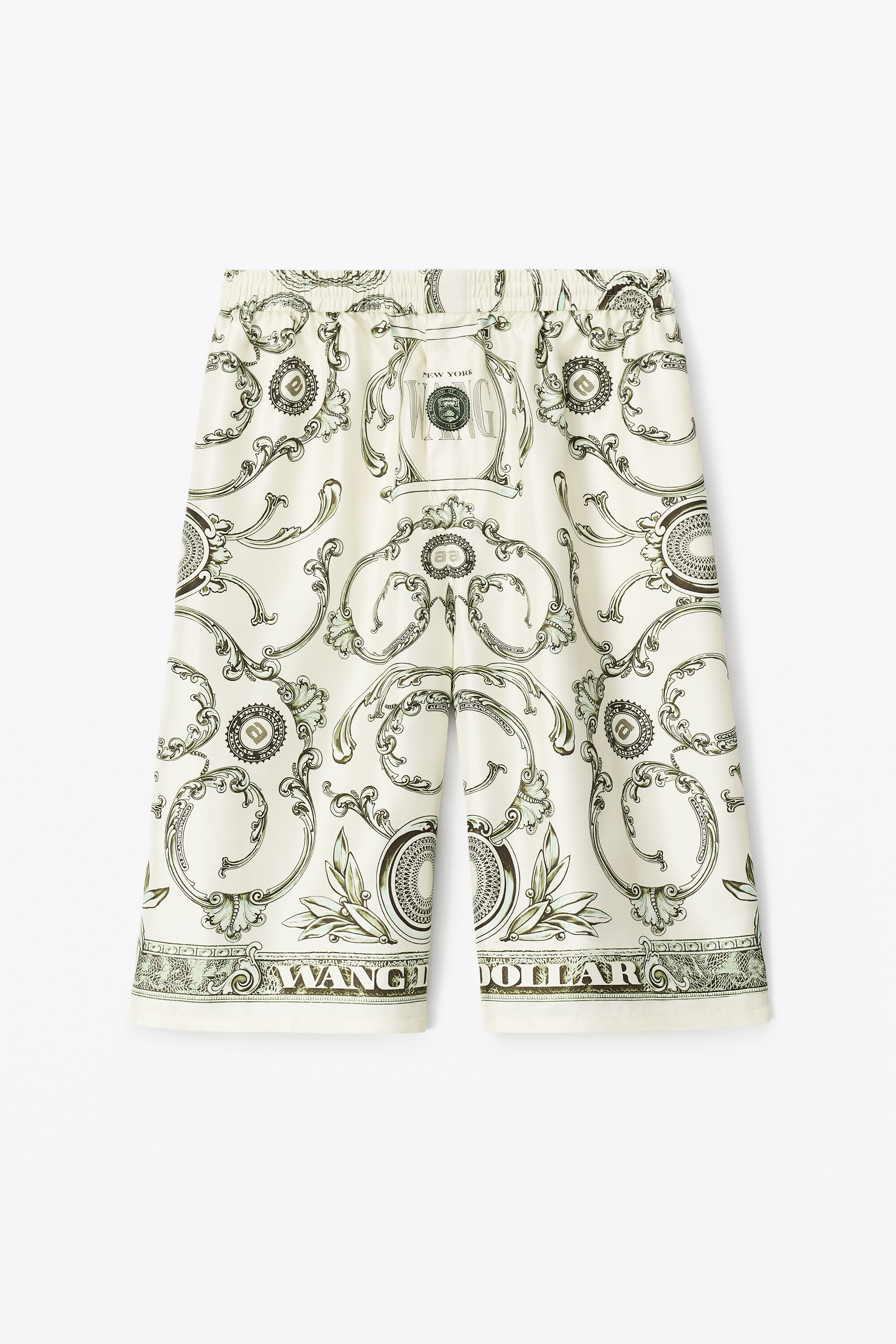 alexanderwang MONEY PRINT BOXER SHORTS IN SILK TWILL IVORY/GREEN