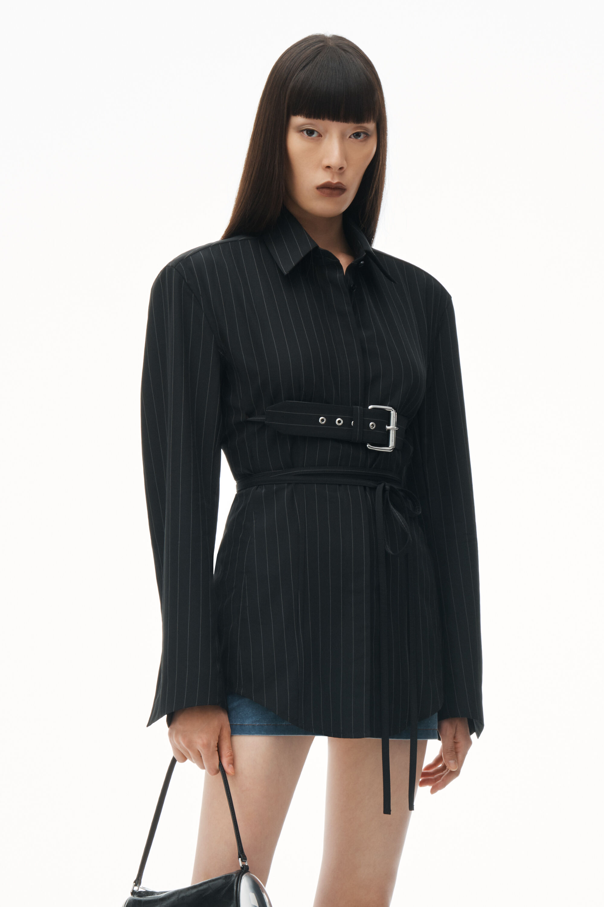 Long Sleeve Belted Shirt in Pinstripe Wool in BLACK/WHITE 