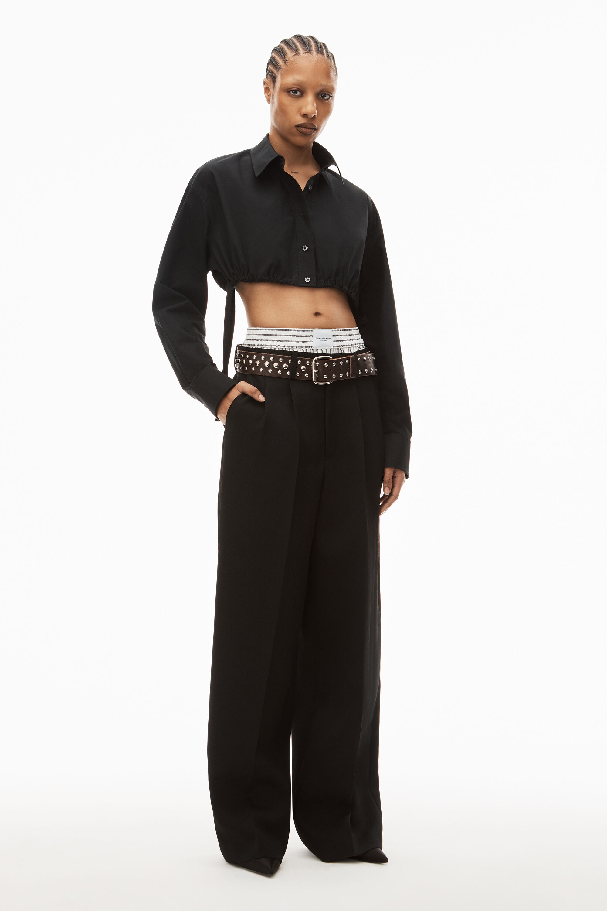 alexanderwang CROPPED BUTTON DOWN IN COMPACT COTTON BLACK