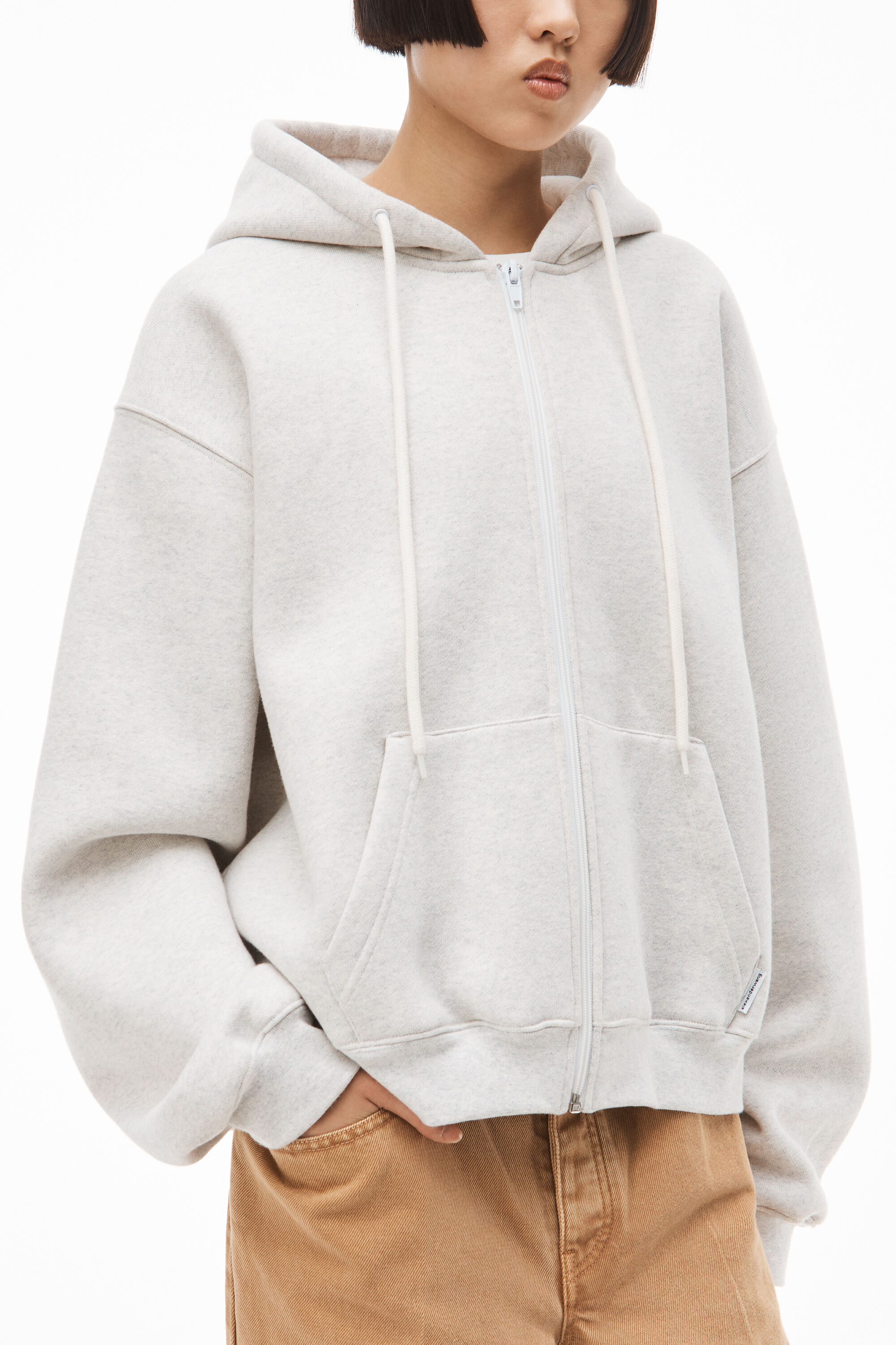 alexanderwang ZIP HOODIE IN DENSE FLEECE VINTAGE HEATHER GREY