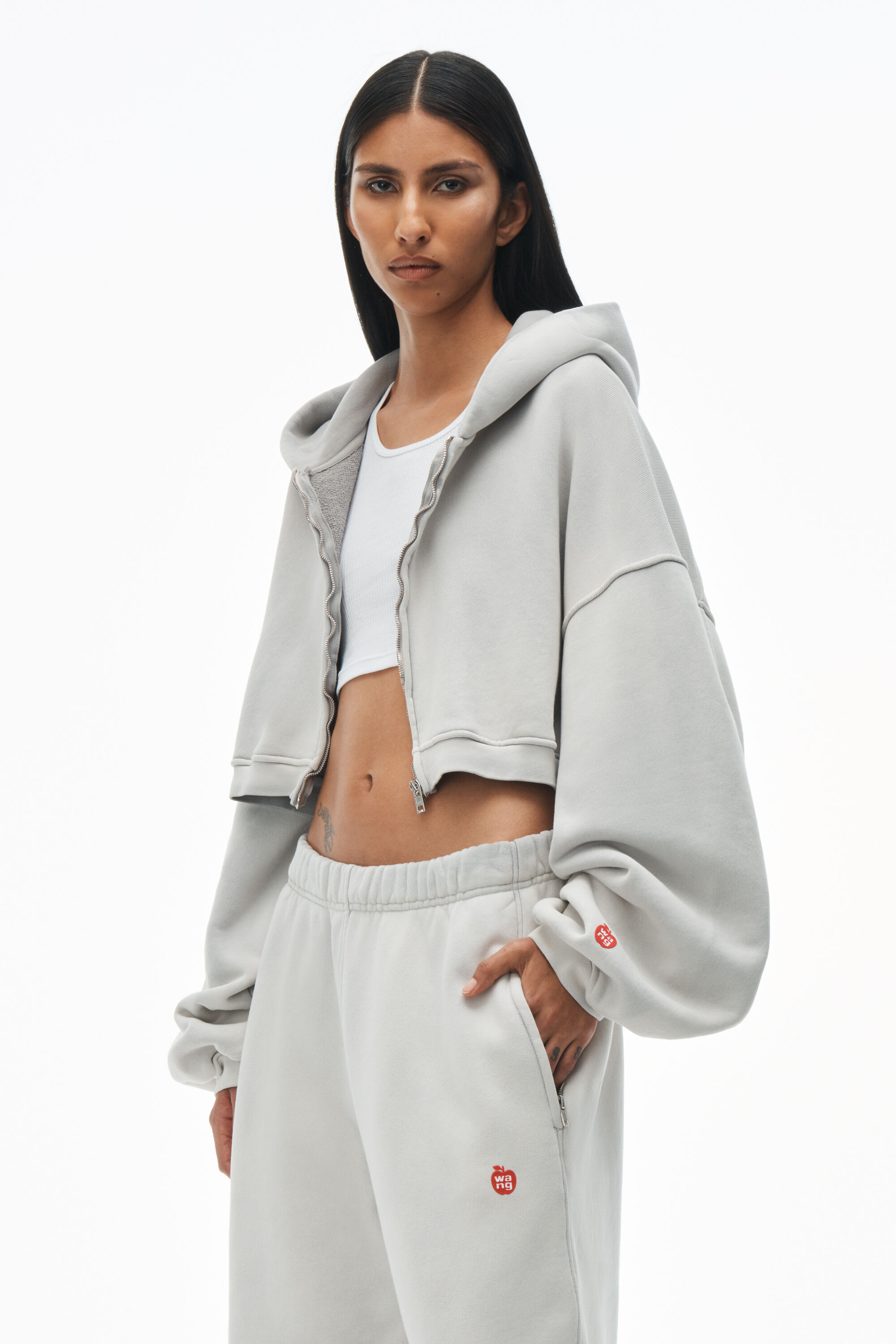 Crop Zip Up Hoodie in Classic Terry in WASHED SMOKE WHITE 