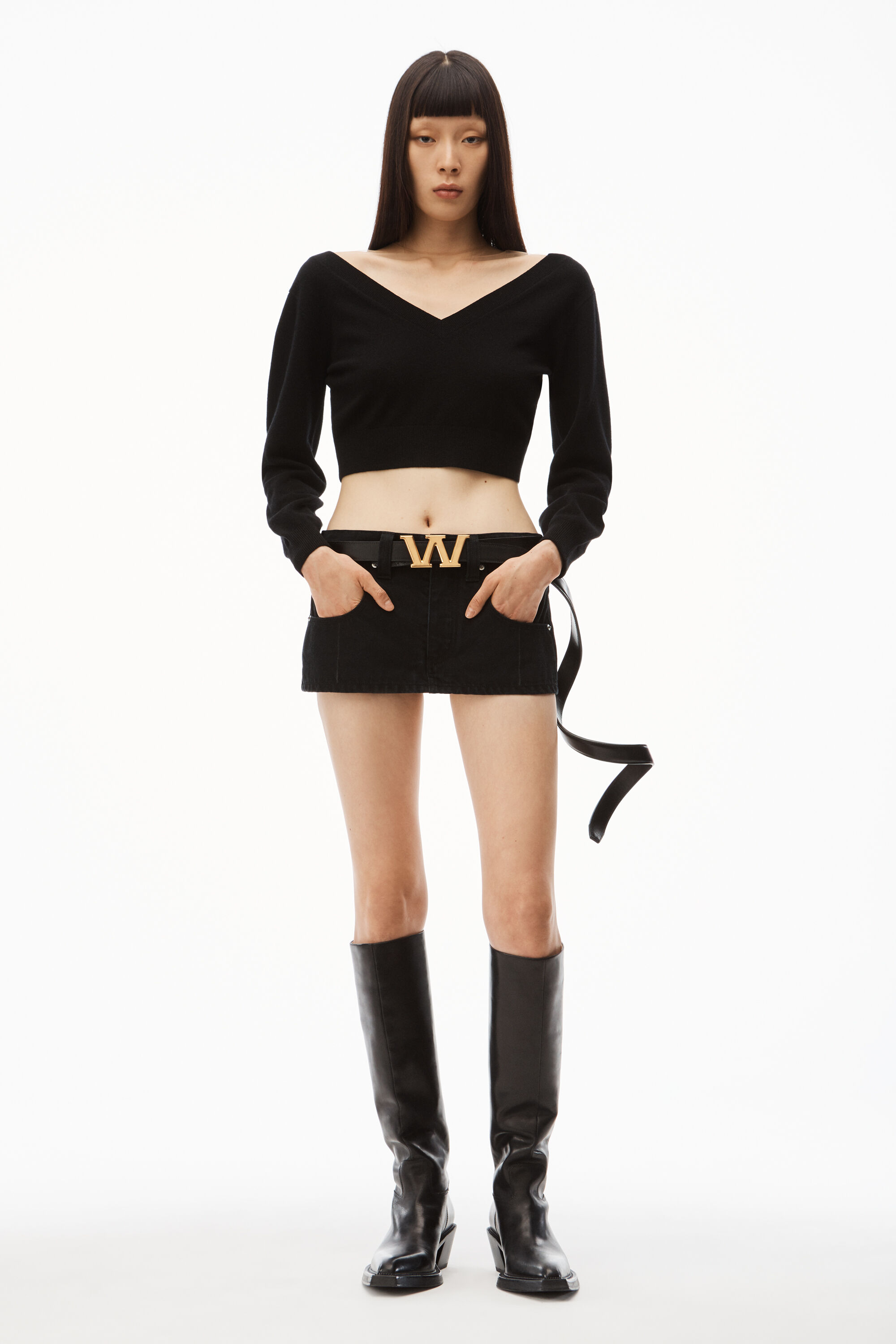 alexanderwang CROP TOP IN ILLUSION TULLE WOOL CASHMERE BLACK