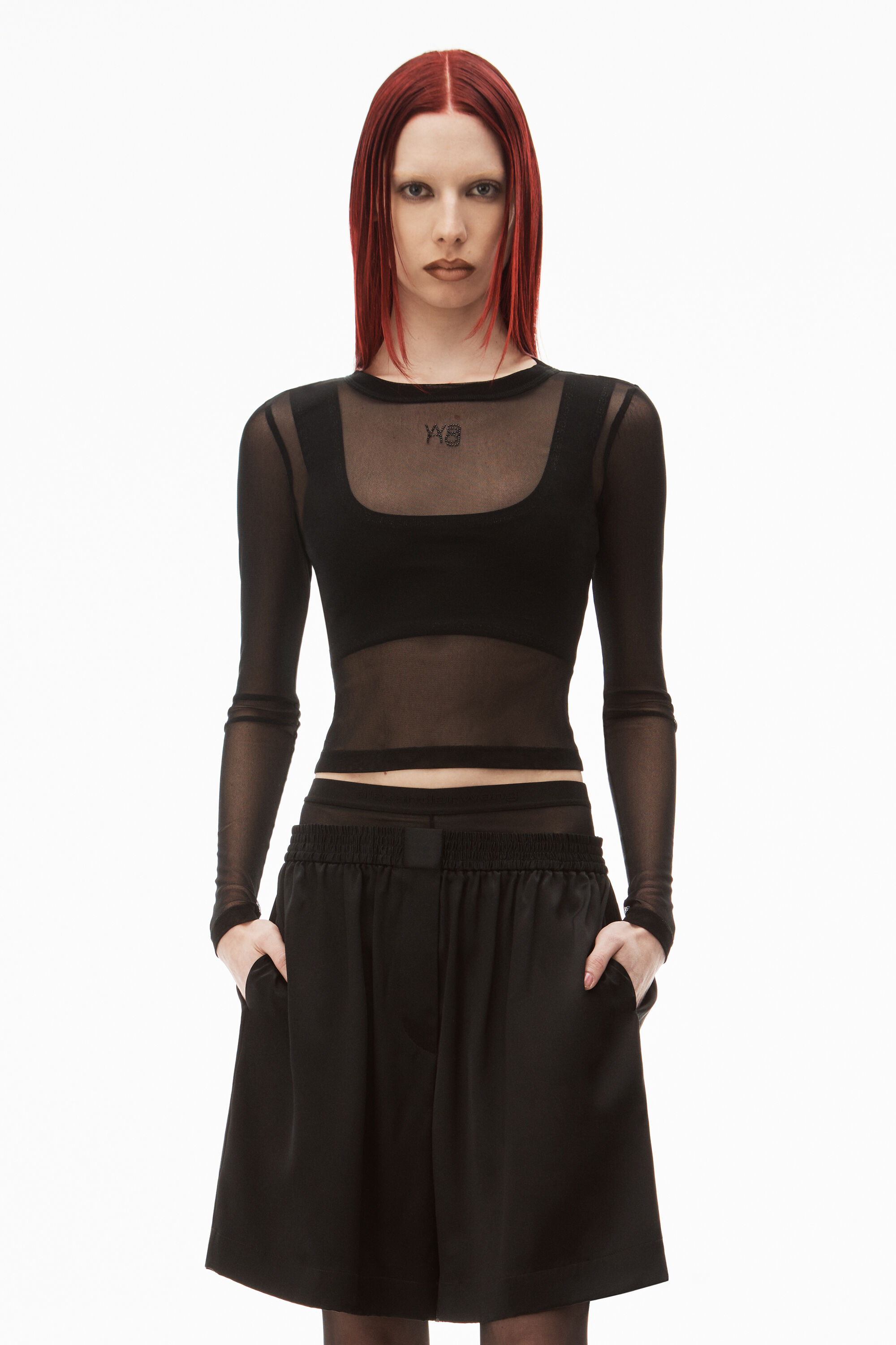 alexanderwang LONG SLEEVE TOP IN GAUZY MESH BLACK - alexanderwang® US