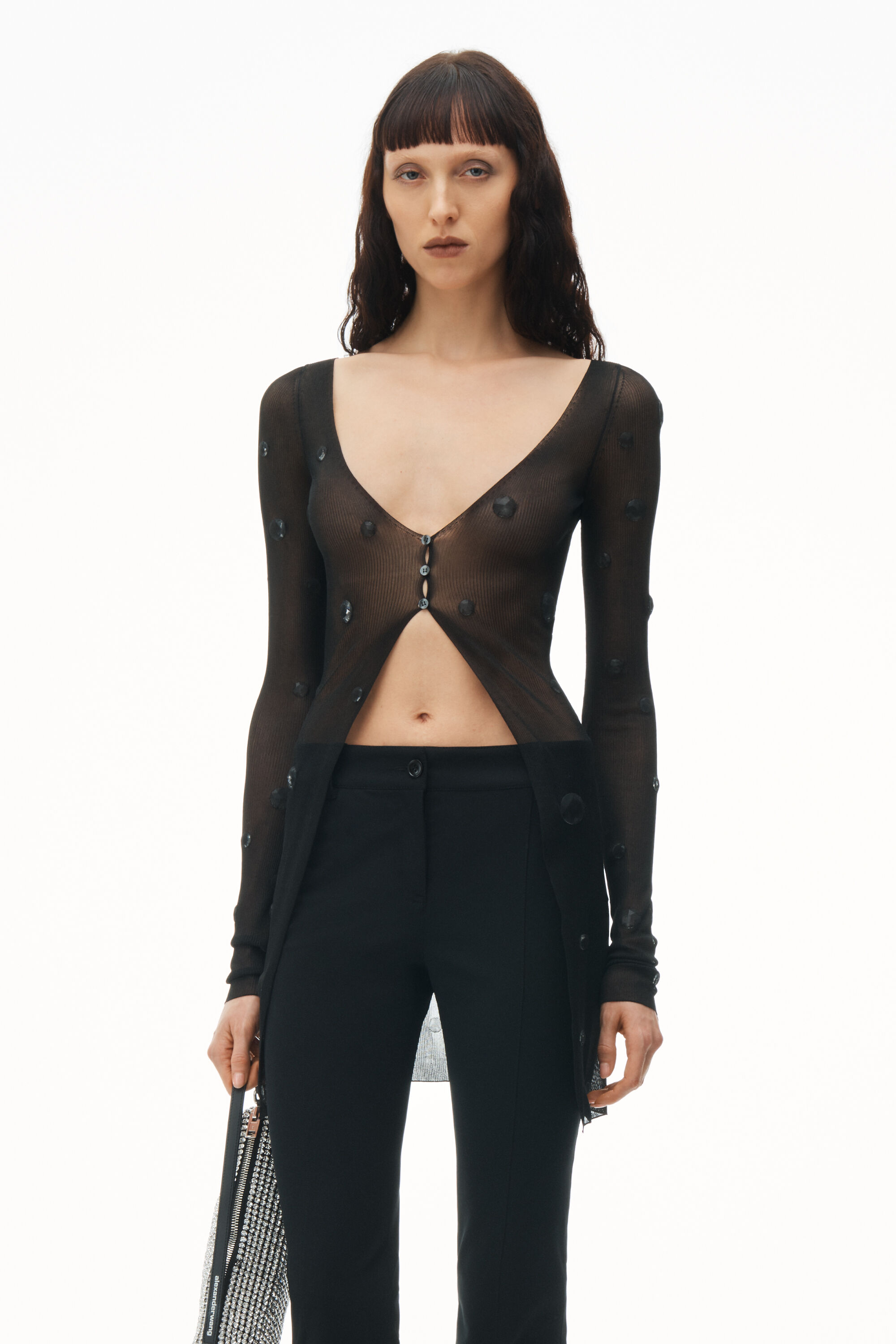 alexanderwang RIBBED CARDIGAN WITH ENGINEERED TRAPPED GEMS BLACK 