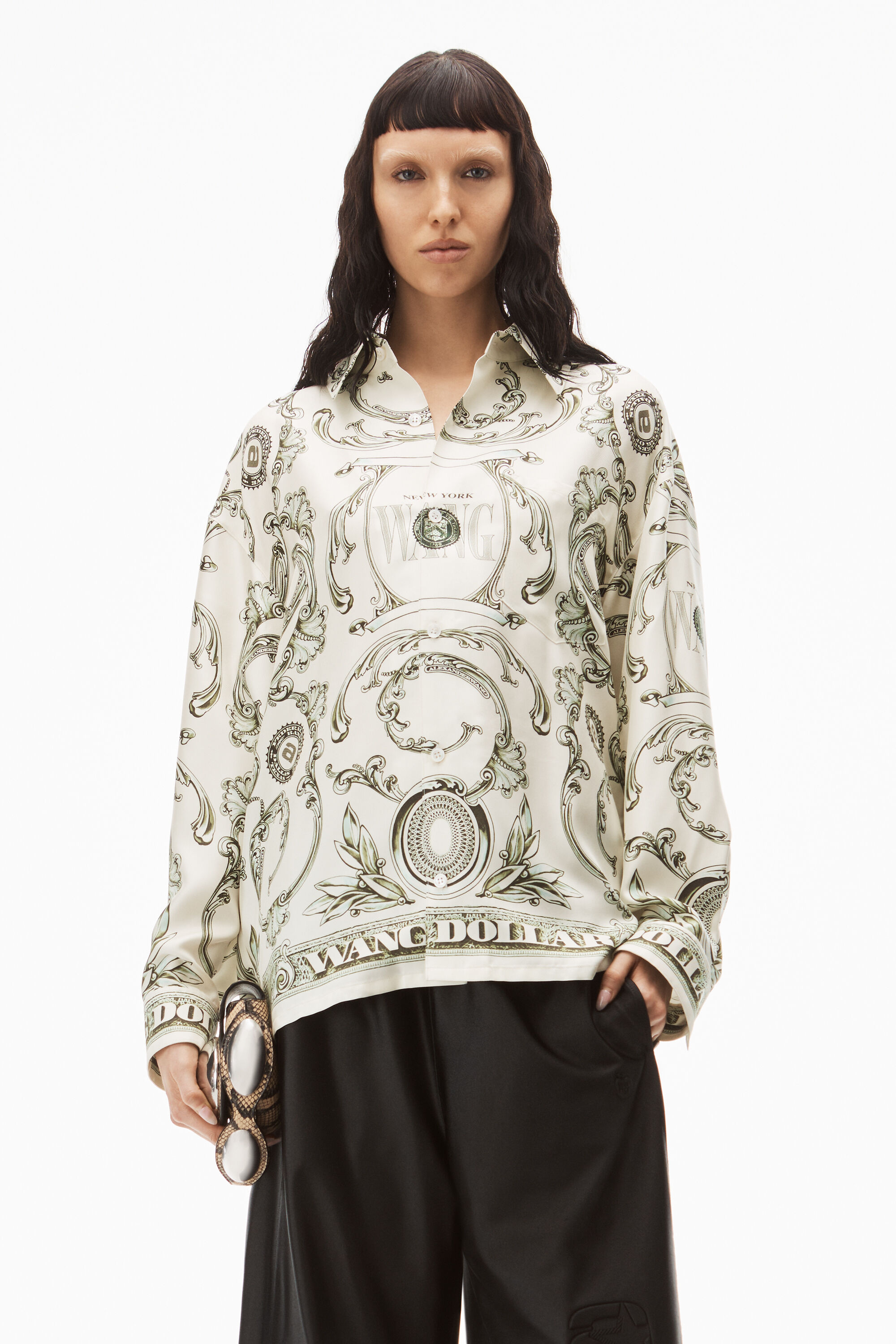 alexanderwang MONEY PRINT BLOUSE IN HEAVY SILK TWILL