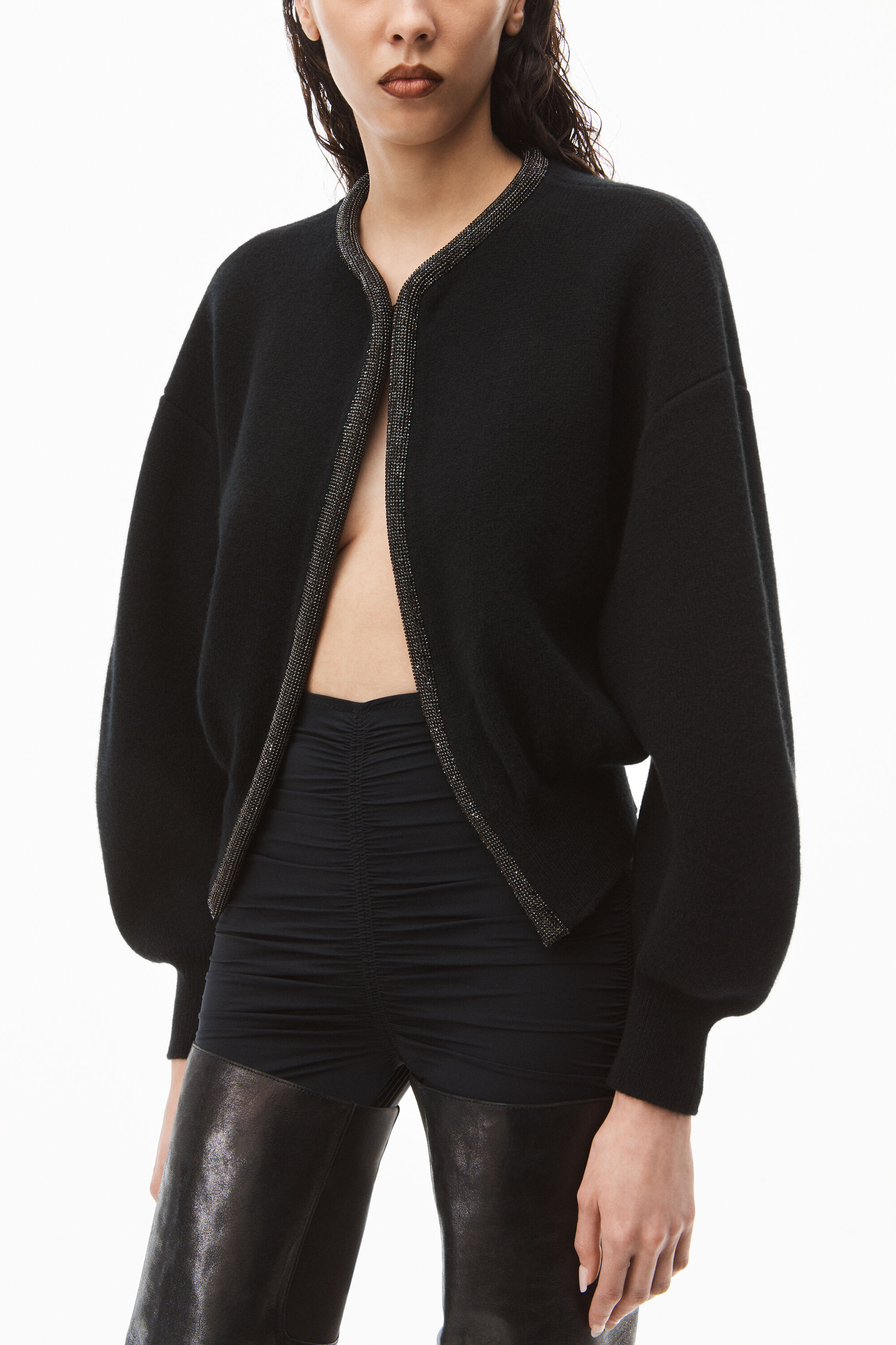 alexanderwang crystal trim cardigan in boiled wool BLACK/JET