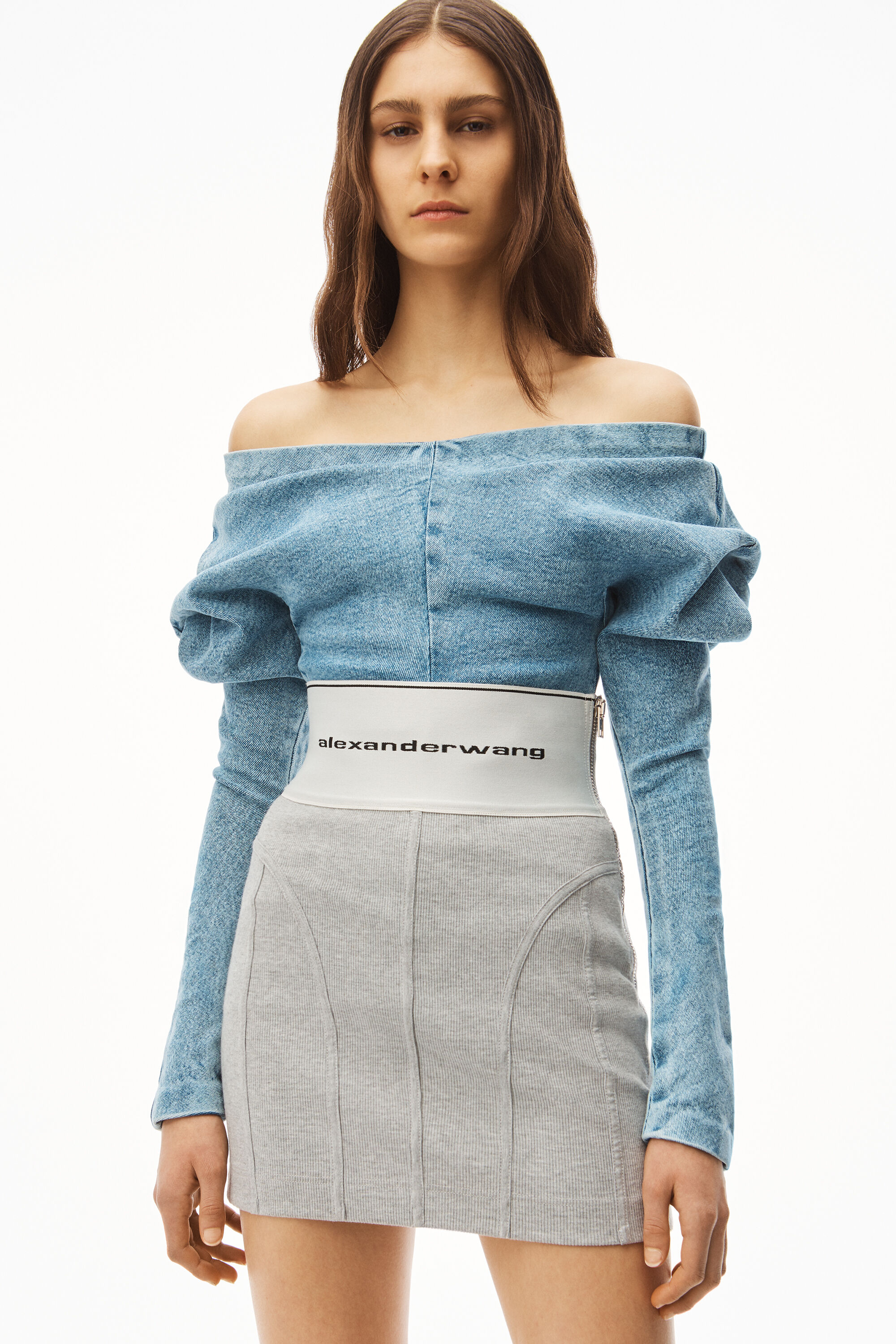 alexanderwang LOGO ELASTIC MINI SKIRT IN RIBBED JERSEY GREY