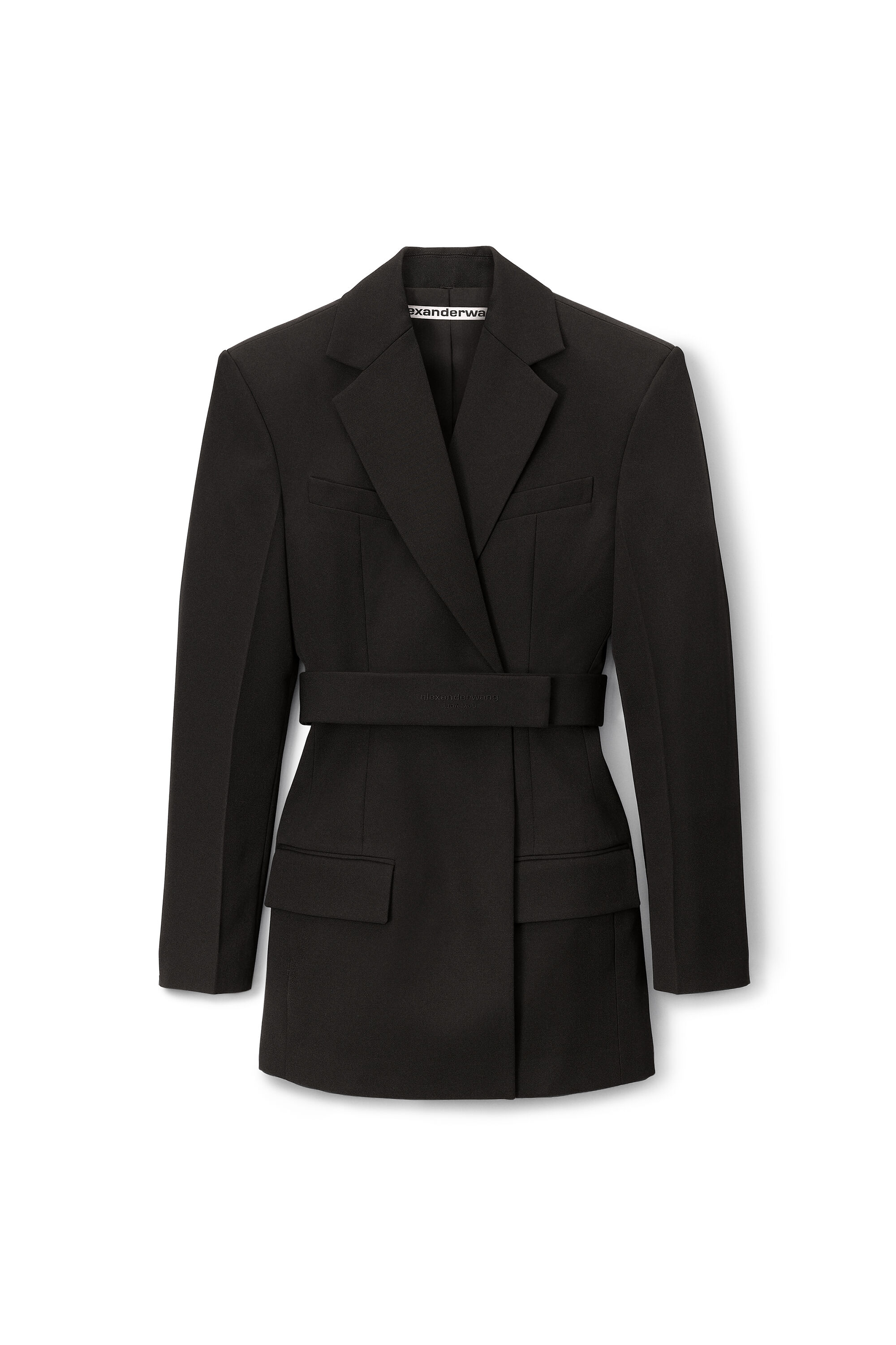 BELTED BLAZER DRESS IN WOOL TAILORING in BLACK | fitted 