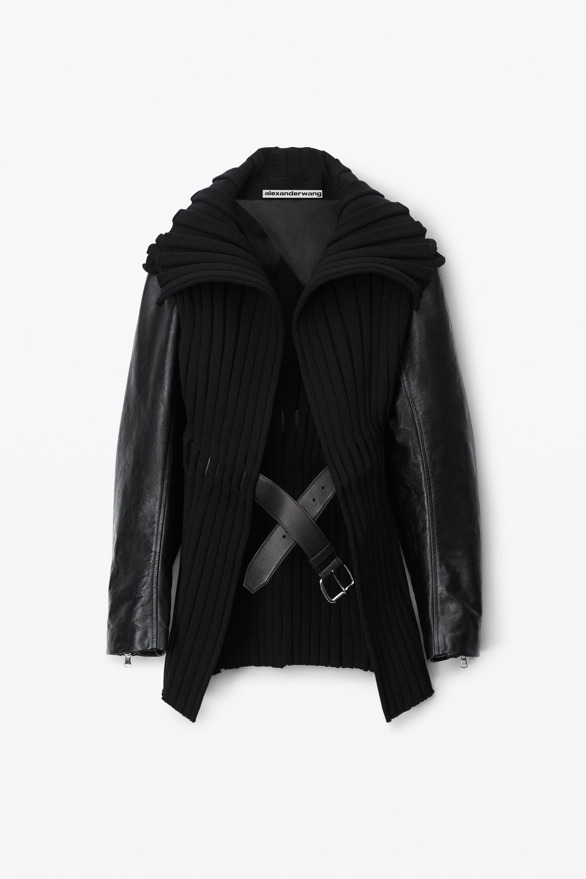 belted knit coat with moto sleeve and embossed logo in BLACK | <li 