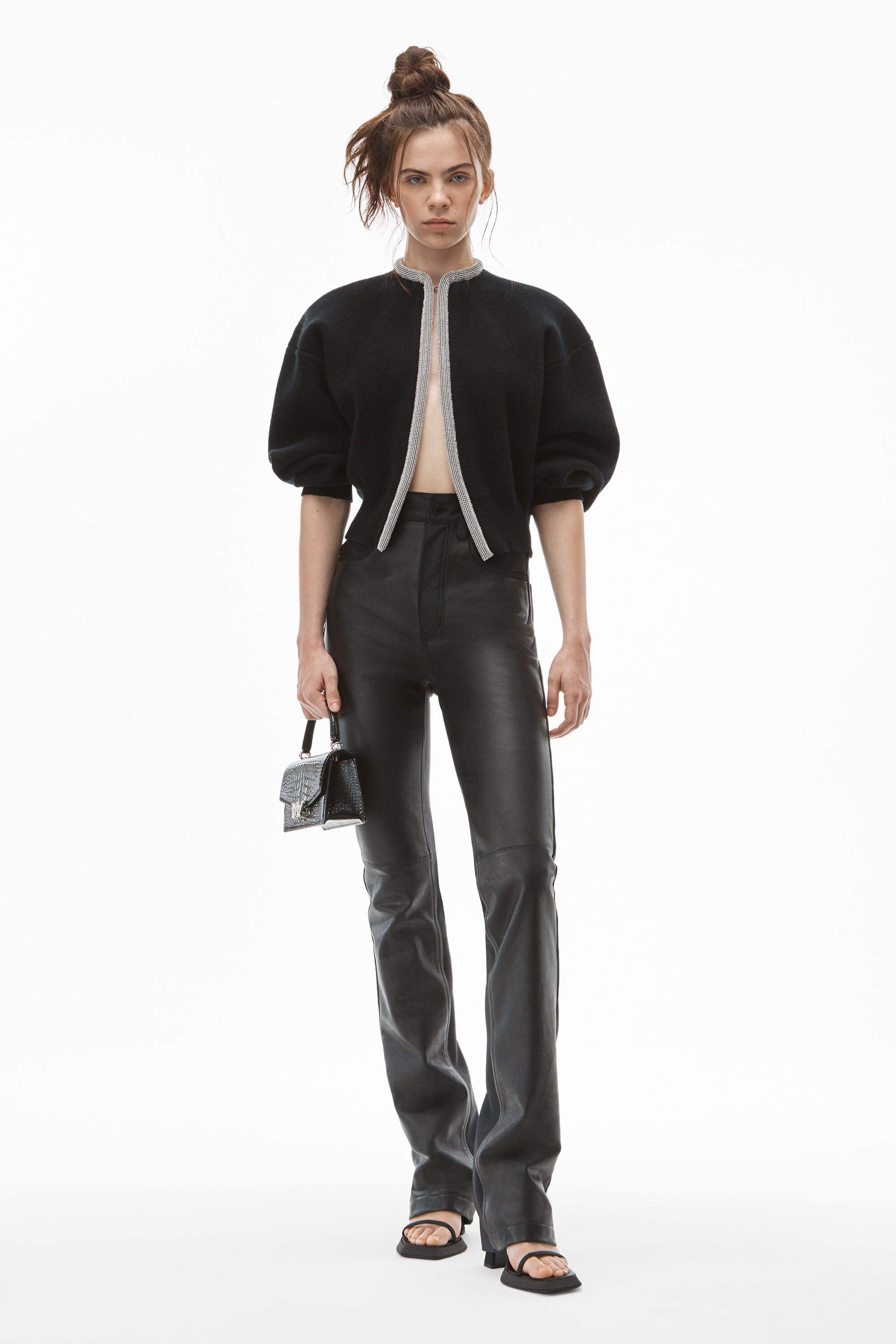 alexanderwang CROP CRYSTAL PLACKET CARDIGAN IN WOOL BLACK