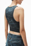 Alexander Wang black crackle indigo gilet stile biker in denim di cotone con strass trasparenti termoapplicati