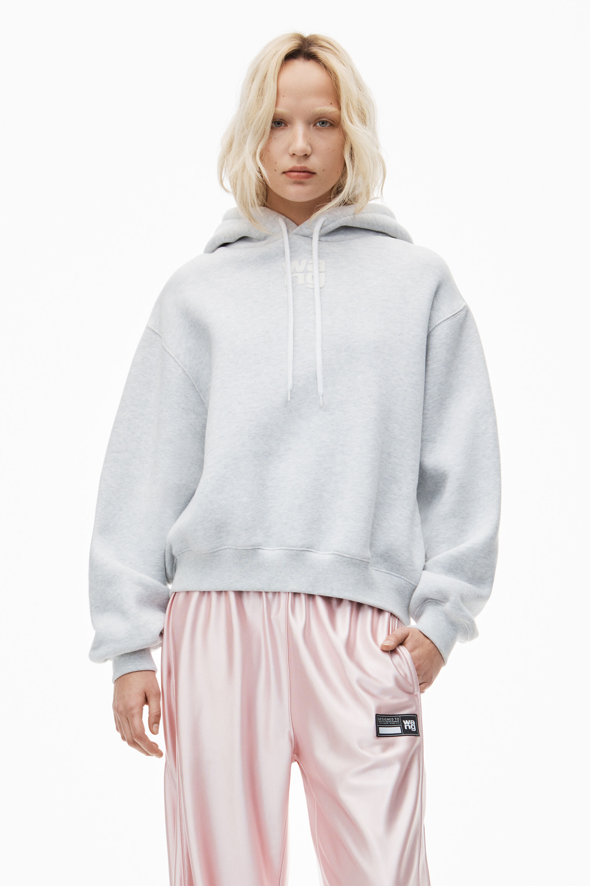 PUFF LOGO HOODIE IN STRUCTURED TERRY in LIGHT HEATHER GREY 